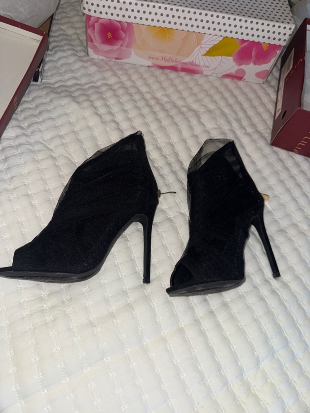 Black Open-Toe Mesh Stiletto Booties - Women's